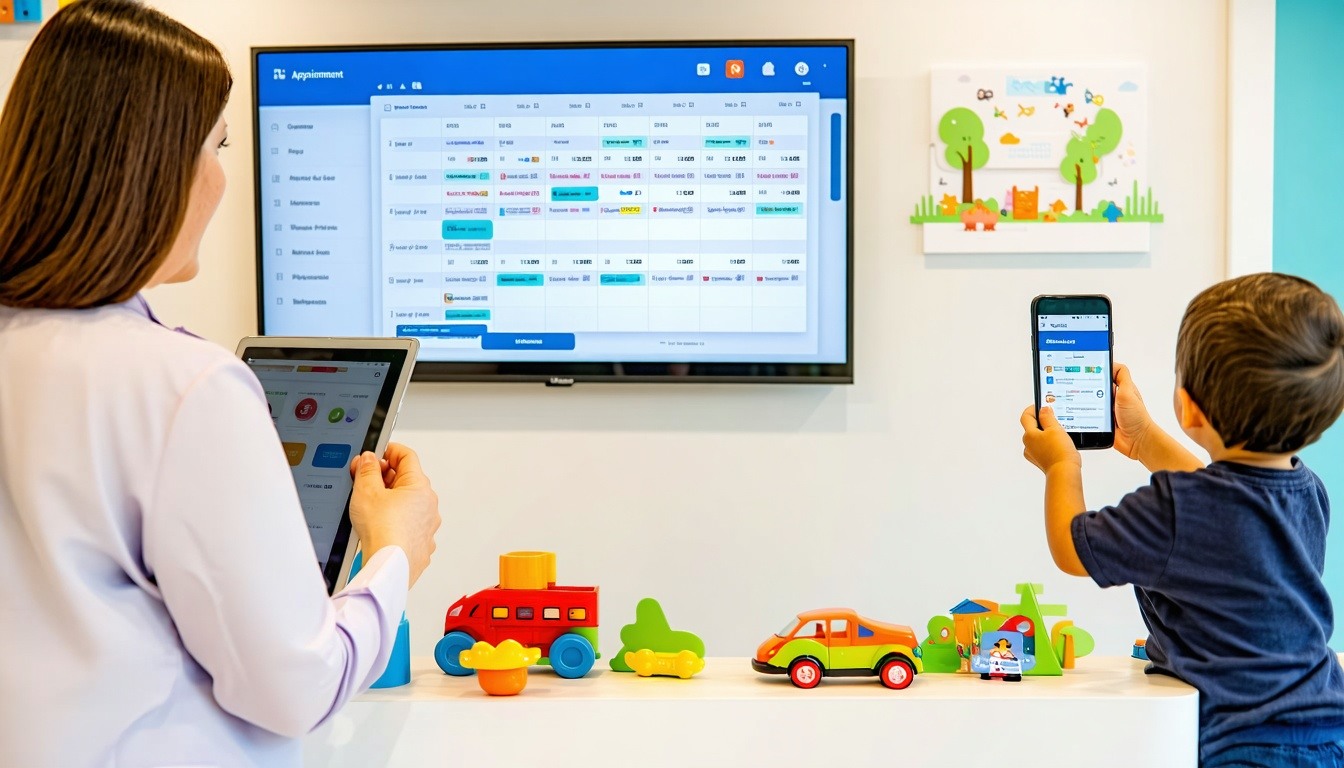 A bright and modern pediatric clinic reception area with a wallmounted digital scheduling screen showing upcoming appointments A pediatrician or clinic staff member is using a tablet or computer with a visible calendar interface A parent is shown rec-1