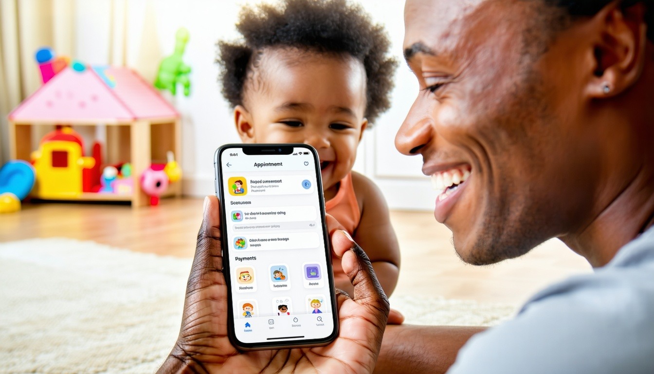 A cheerful parent is shown interacting with a mobile app that displays features like immunization records appointment booking and agespecific health tips Nearby a child is playing or smiling The phone screen should show a clear friendly patient porta
