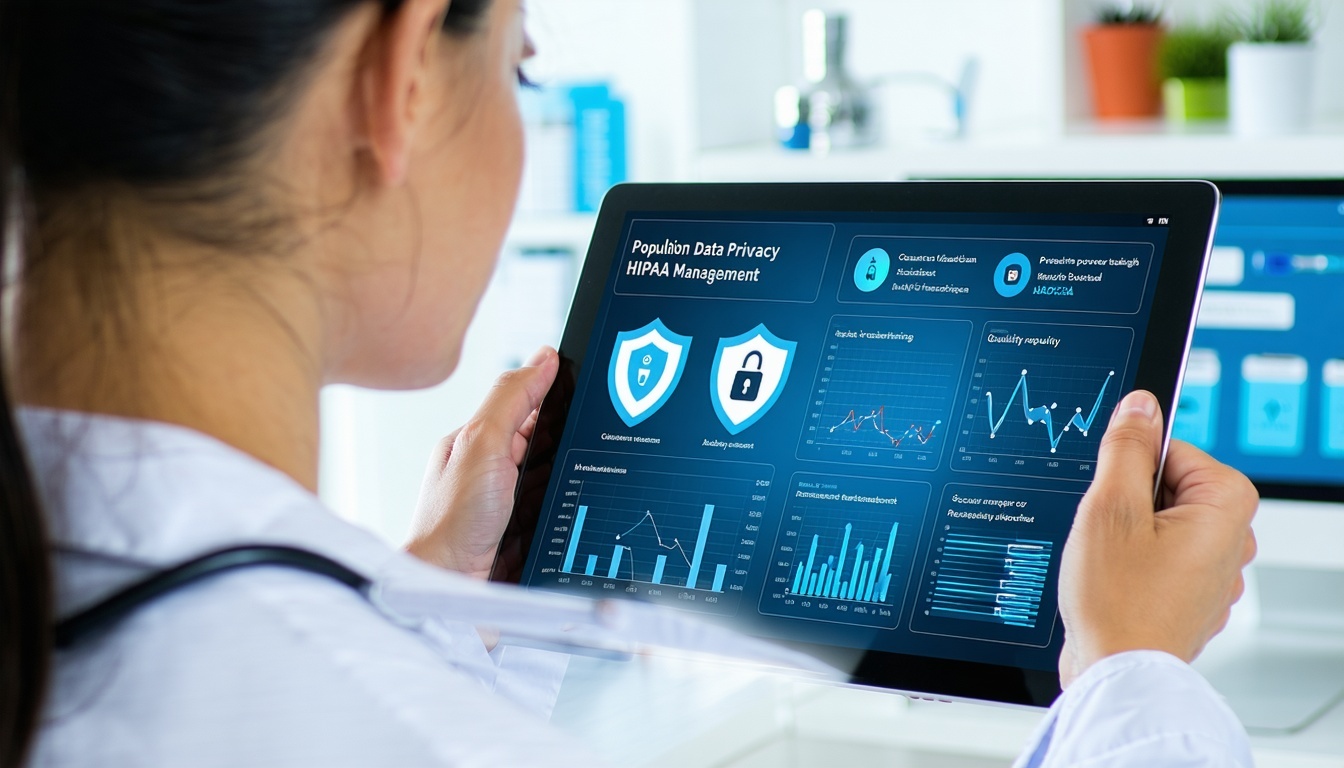A fastpaced urgent care clinic environment with a healthcare provider using a secure EMR system on a tablet or desktop The interface highlights patient data privacy HIPAA compliance and displays tools for population health managementrisk stratificati