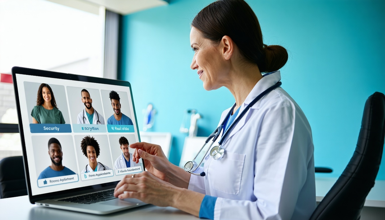 A healthcare provider in an urgent care setting conducting a secure virtual consultation on a laptop or tablet The screen displays patient records realtime video and integrated documentation tools Visual cues include encryptionsecurity icons remote t