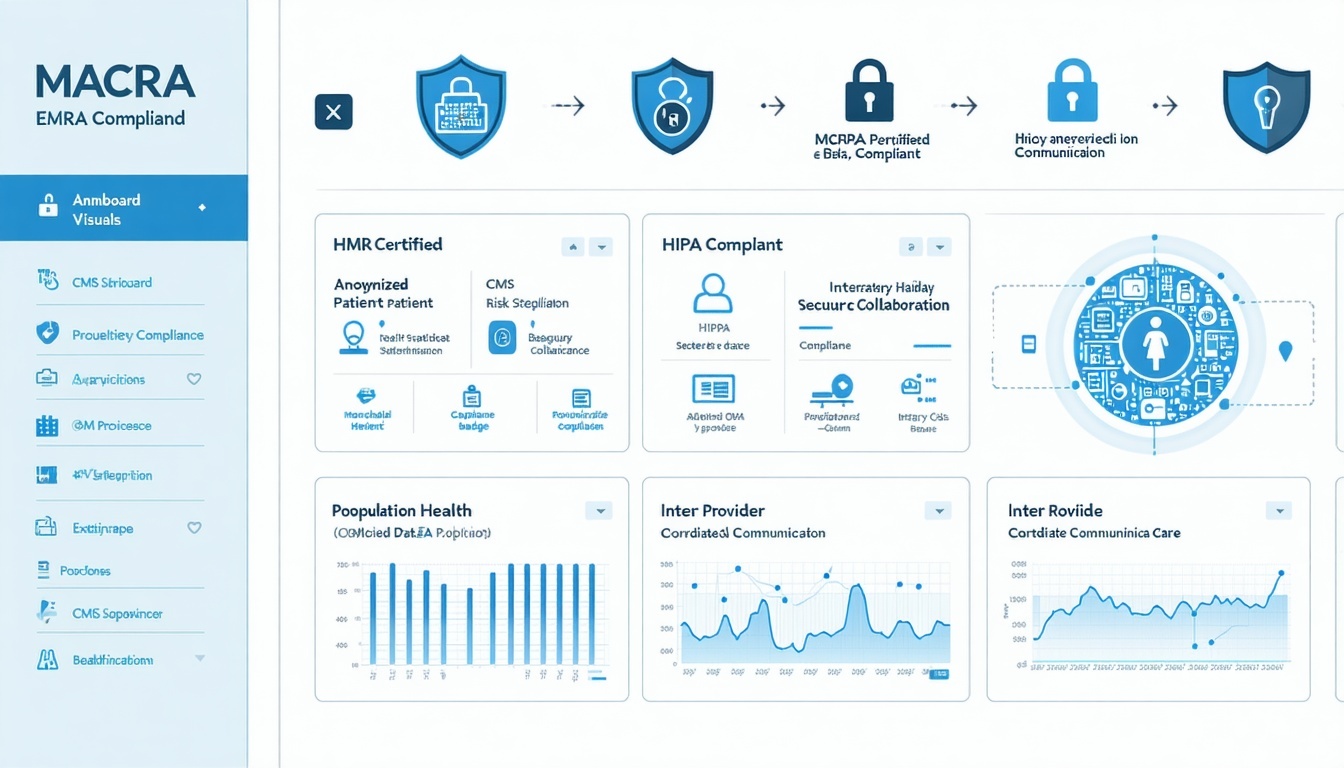 A modern healthcare tech illustration showing a secure EMR dashboard labeled MACRA Certified and HIPAA Compliant The interface displays anonymized patient health data risk stratification visuals charts or population health graphs and secure communica-1