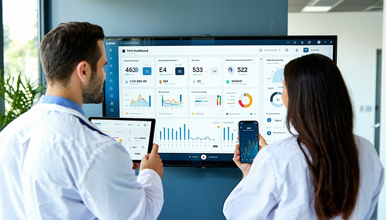 A modern medical office with a large touchscreen displaying an advanced EMR software dashboard