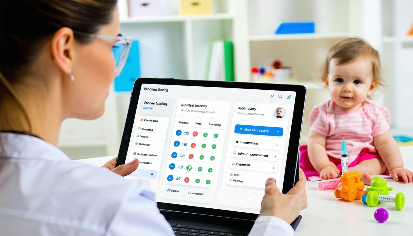 A modern pediatric clinic setting with a nurse or clinical staff member using a tablet or computer displaying an EMR facesheet with vaccine tracking details In the background a child sits calmly with a parent having just received a vaccination Visual-1