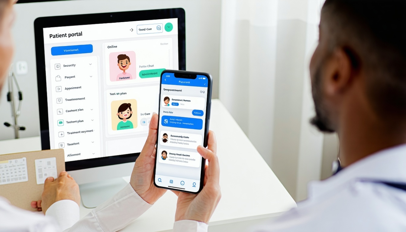 A modern podiatry clinic setting showing a patient using a smartphone to access a patient portal The screen displays upcoming appointments treatment plans test results and foot care tips Nearby a podiatrist is messaging a patient securely through a d-1