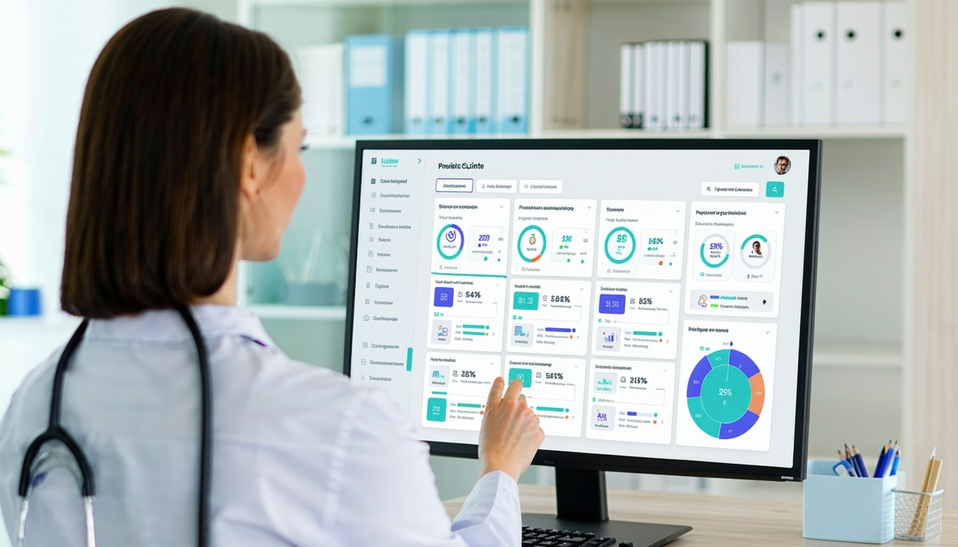 A modern psychiatric clinic setting with a provider using a sleek userfriendly EMR interface on a large screen The screen displays customizable specialtyspecific templates tailored for behavioral health Include multiple charting options like voice re