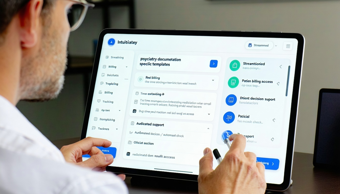 A modern psychiatry clinic featuring a psychiatrist using an intuitive EMR interface on a tablet or desktop The screen shows streamlined documentation tools including psychiatryspecific templates realtime eprescribing and medication tracking Visual c