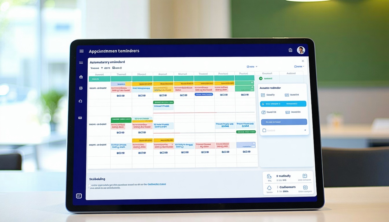 A modern psychiatry clinic with a digital scheduling dashboard displayed on a large monitor or tablet The interface shows a wellorganized calendar view with colorcoded time slots allocated to multiple providersno overlaps or gaps Include visual eleme