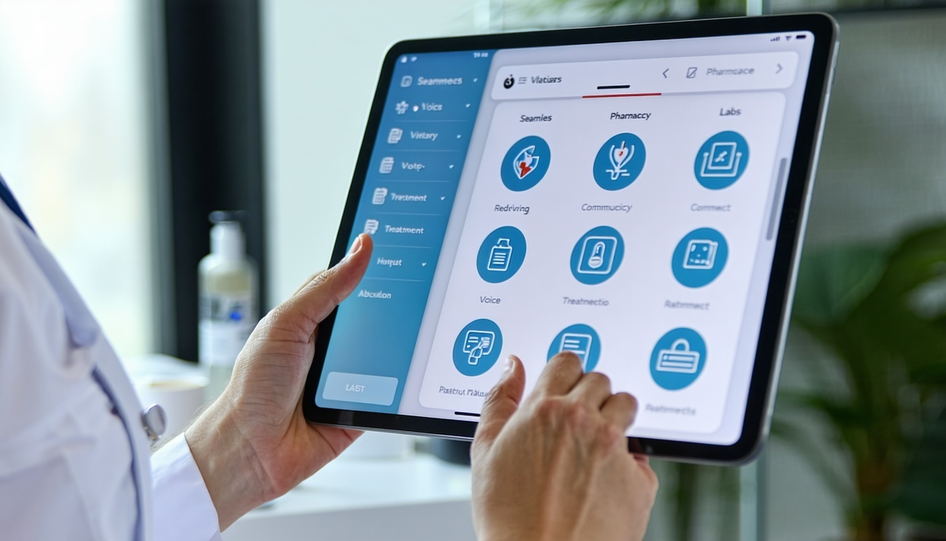 A modern urgent care clinic setting with a provider using a tablet to access customizable medical templates and smart forms The interface on the screen shows patient vitals history and treatment plans with options for voice and handwriting input Visu