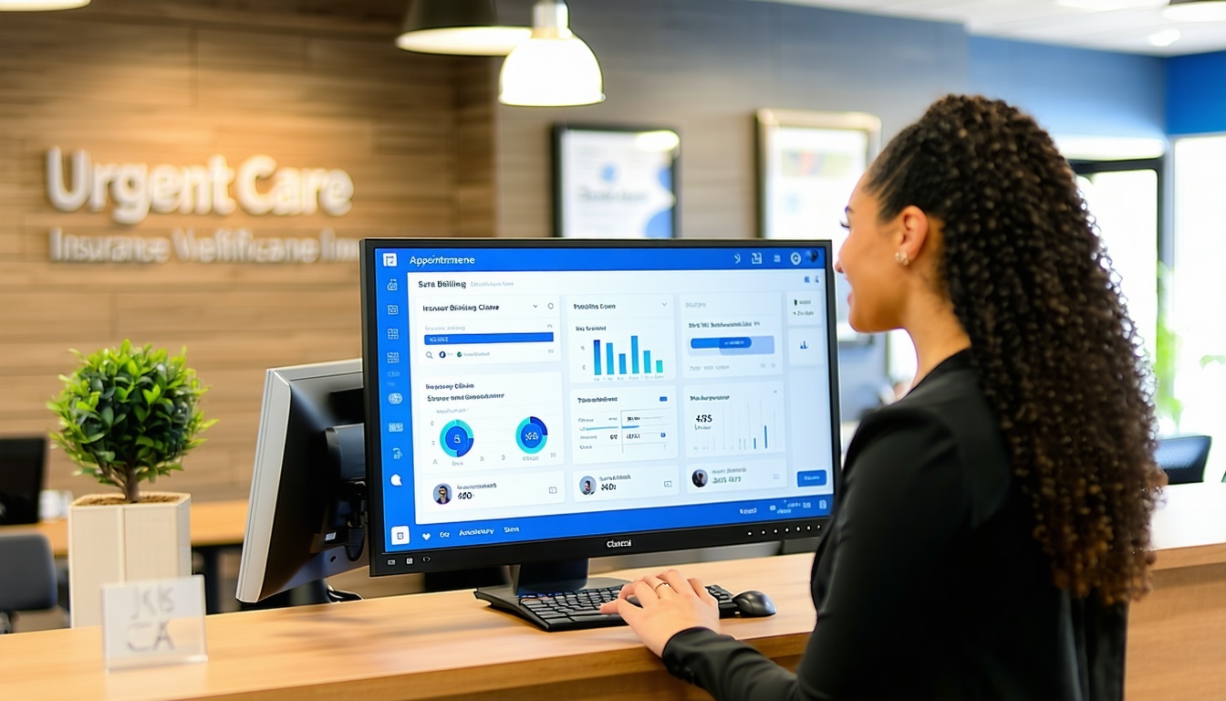 A modern urgent care front desk with a staff member using an integrated EMR and billing system on a desktop while interacting with a patient at checkin The computer screen displays features like appointment scheduling insurance eligibility verificati-1