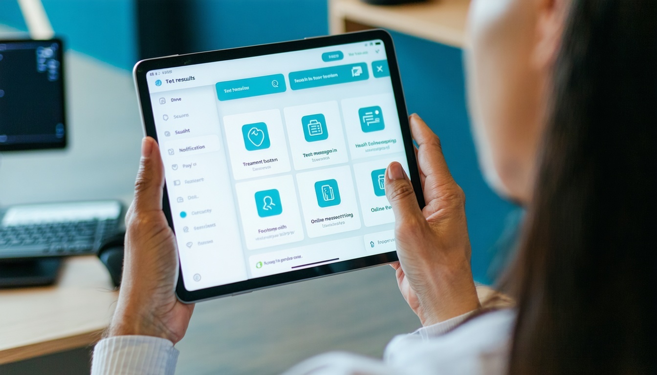 A patient interacting with a digital patient portal on a tablet or smartphone in a modern urgent care setting The screen shows access to test results treatment plans and secure messaging with providers Visual elements include icons for health educati-2