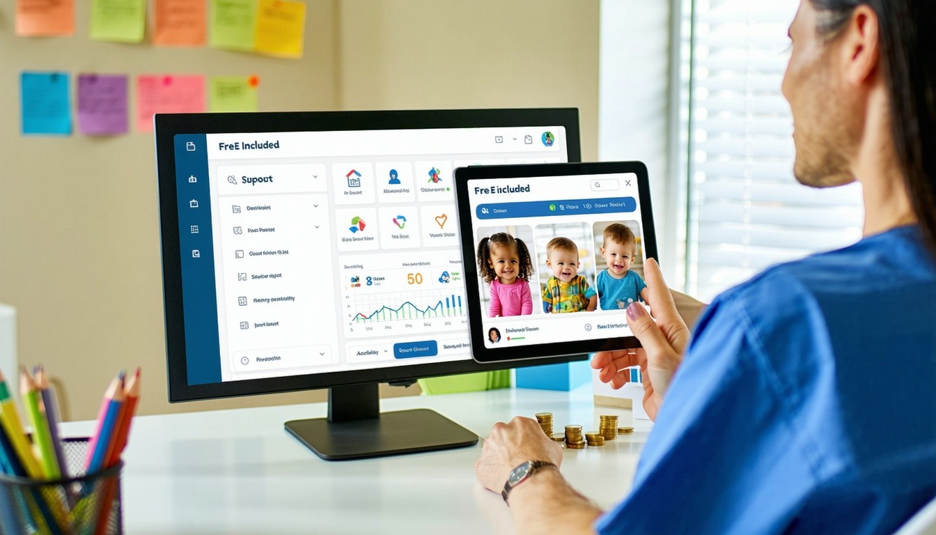 A pediatric clinic office scene showing a relaxed pediatrician reviewing patient notes on a tablet while a medical billing specialist is seen on a screen video call or remote support working on claim submissions The background includes a digital dash-1