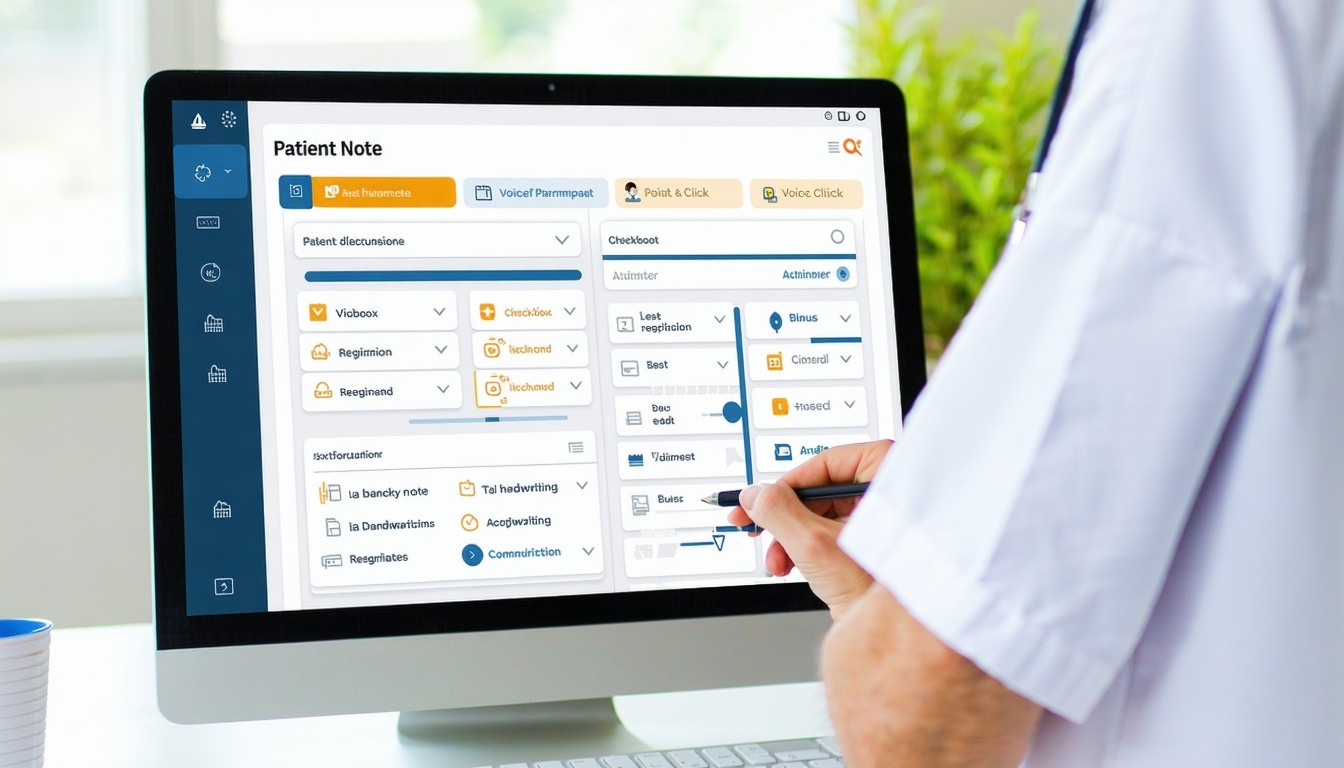 A pediatric provider is customizing an EMR interface on a computer or tablet adjusting chart templates and workflows to match clinical needs The screen shows multiple charting optionscheckboxes pointandclick a keyboard a microphone icon for voice inp-1