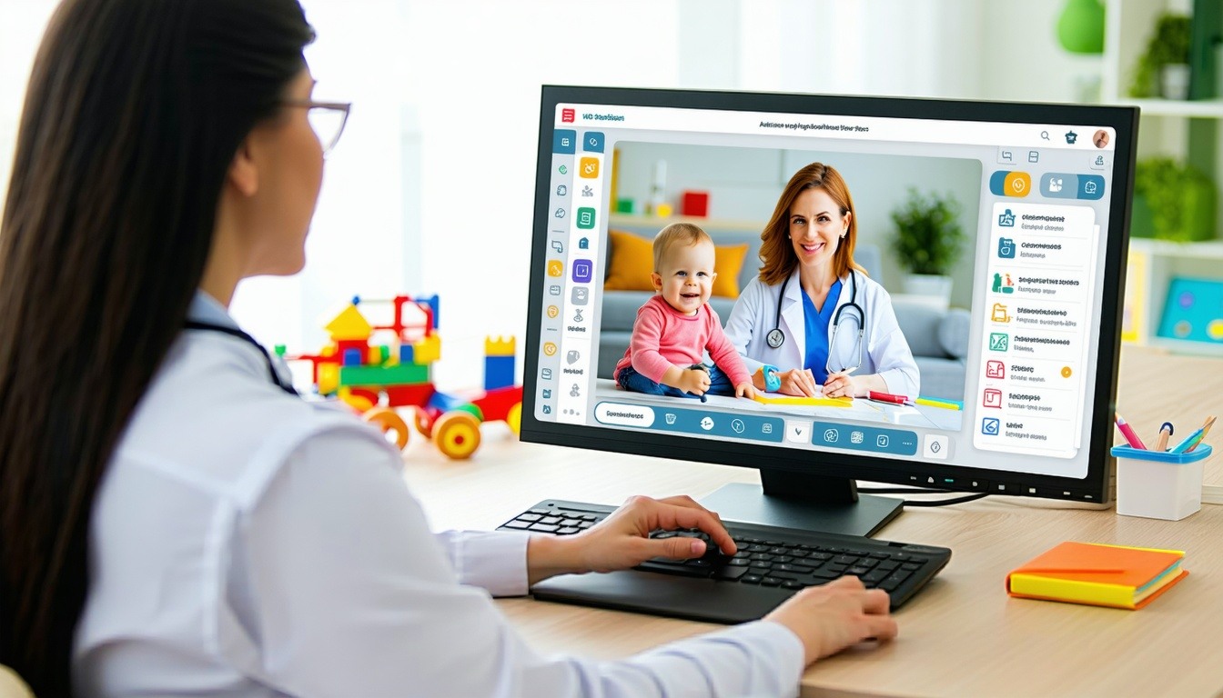 A pediatrician is conducting a virtual consultation from a bright modern home office or clinic visible on a laptop or desktop screen On the screen a parent and child are engaging in the video call from their living room The doctors desk shows an open