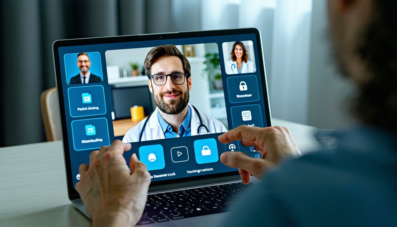 A psychiatrist conducting a virtual session via a secure telehealth platform on a laptop or tablet The screen displays a live video call with a patient alongside accessible patient records and documentation toolsall within the same interface Include-3