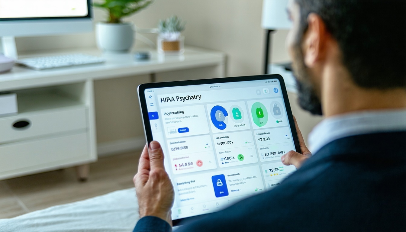 A psychiatrist in a professional calming clinical setting reviewing a secure EMR interface on a tablet The tablet screen displays a HIPAAcompliant psychiatry dashboard featuring a holistic view of the patients health risk stratification indicators an