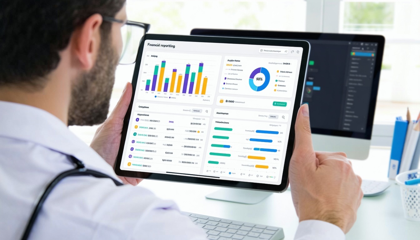 A psychiatrists clinic with a modern digital dashboard on a tablet or desktop screen prominently displaying financial reporting and analytics Visual elements include dynamic charts and graphs showing revenue trends claim status coding accuracy patien-1