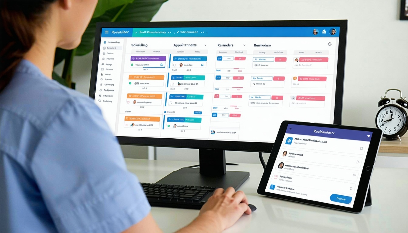 A realistic depiction of a medical front office or reception area with a staff member managing appointments on a computer screen The monitor displays an intuitive scheduling interface with colorcoded appointments automated reminder icons like email S-2