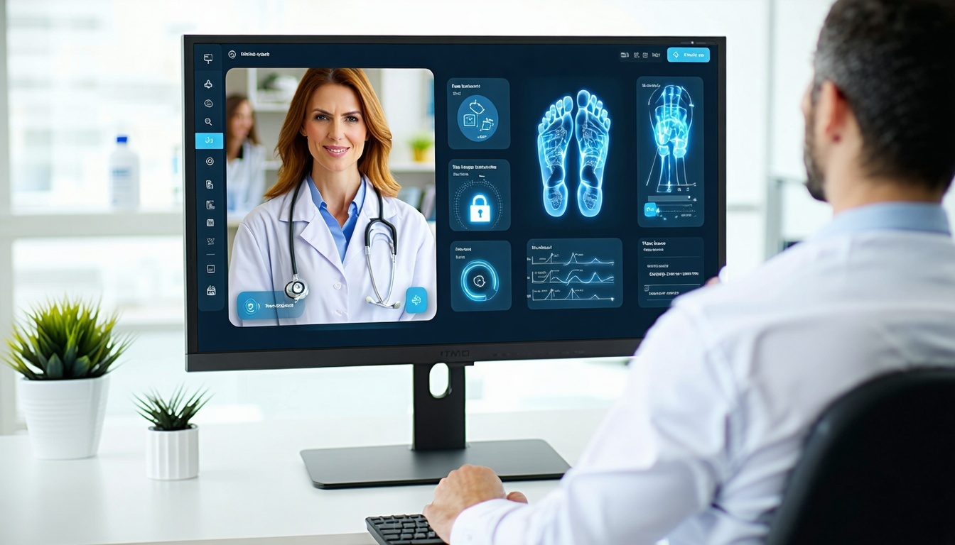 A realistic scene of a podiatrist conducting a secure telehealth video consultation from a modern medical office The doctor is viewing a patient on a large screen with the EHR interface open sidebyside showing a podiatryspecific chart eg annotated fo