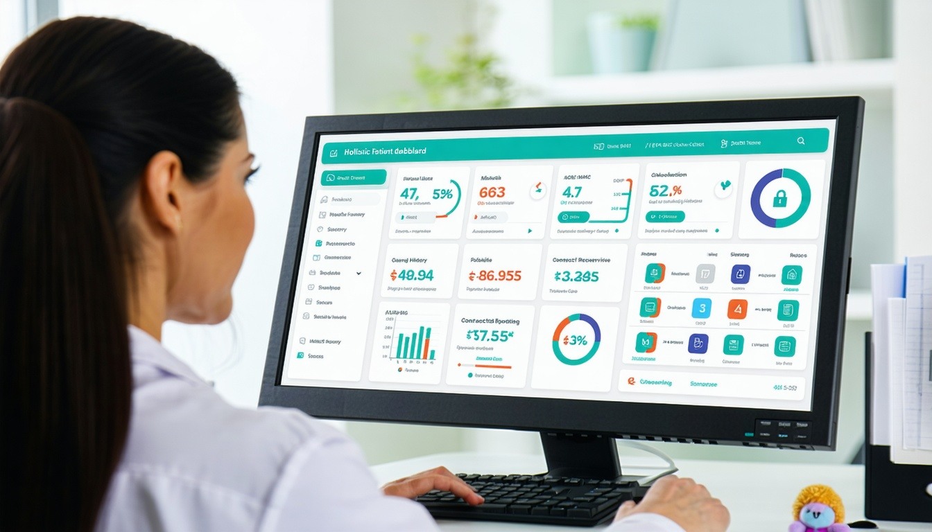 A secure modern medical office with a pediatrician viewing a patient dashboard on a computer screen The EMR interface displays a holistic patient summary with tabs for health history risk factors and preventive care needs Onscreen elements include a
