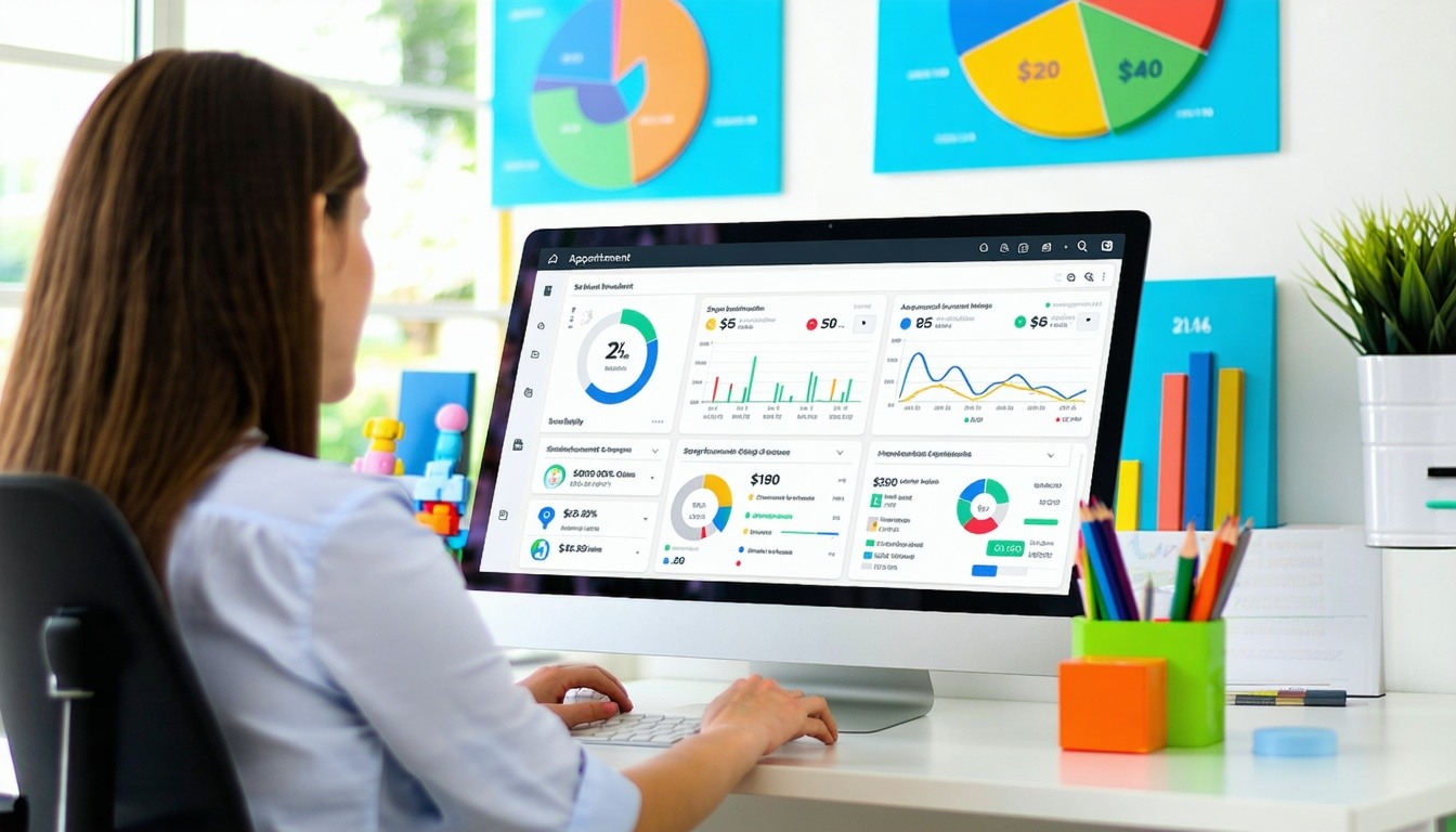 A sleek pediatric clinic front office with a staff member working on a desktop or laptop showing an allinone Practice Management dashboard The screen displays modules like appointment scheduling patient registration eligibility verification and billi-1