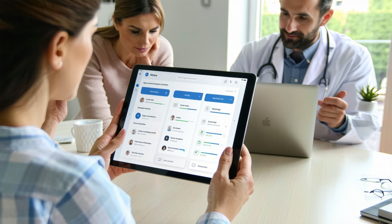 A warm supportive psychiatry practice setting featuring a patient using a tablet to interact with a userfriendly patient portal Beside them a caring family member or caregiver offers support Across from them a psychiatrist reviews information on a la
