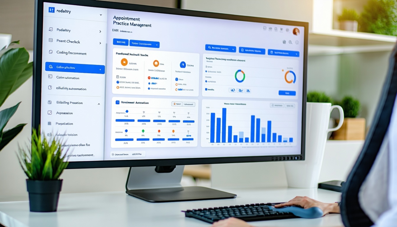 An advanced podiatry clinic with a modern digital dashboard displaying integrated EHR and practice management software The screen shows features like appointment scheduling patient eligibility checks coding automation and billing workflows A podiatri