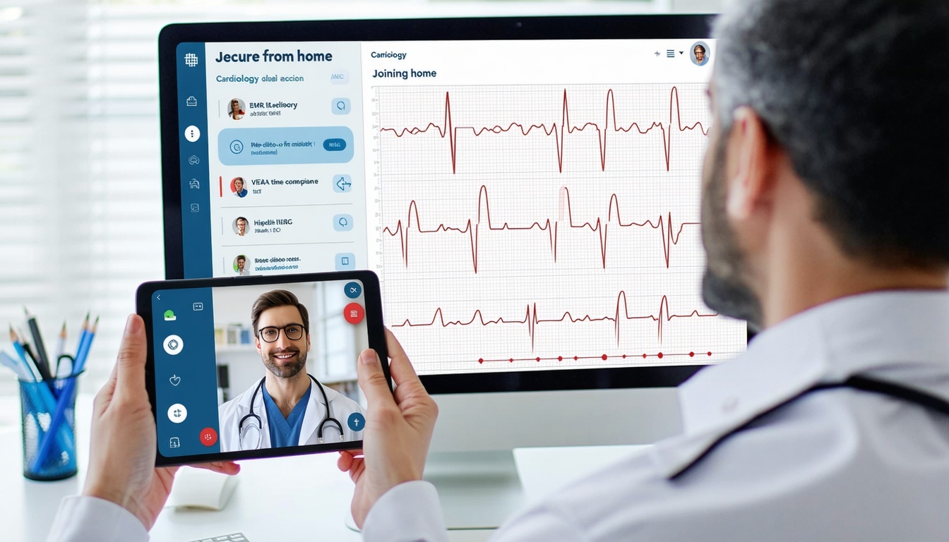 An illustration of a cardiologist in a clinical setting conducting a secure telehealth video consultation on a desktop or tablet The screen shows a split view the patient on one side joining from home using a smartphone or tablet and cardiologyspecif