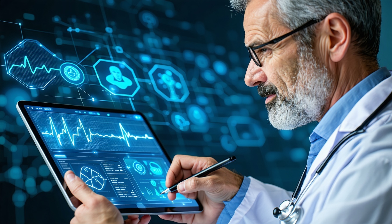 An illustration showing a cardiologist using a tablet or desktop with customizable EMR software The screen displays specialtyspecific templates like ECG vitals history treatment plans Include icons or subtle overlays representing voice recognition ha