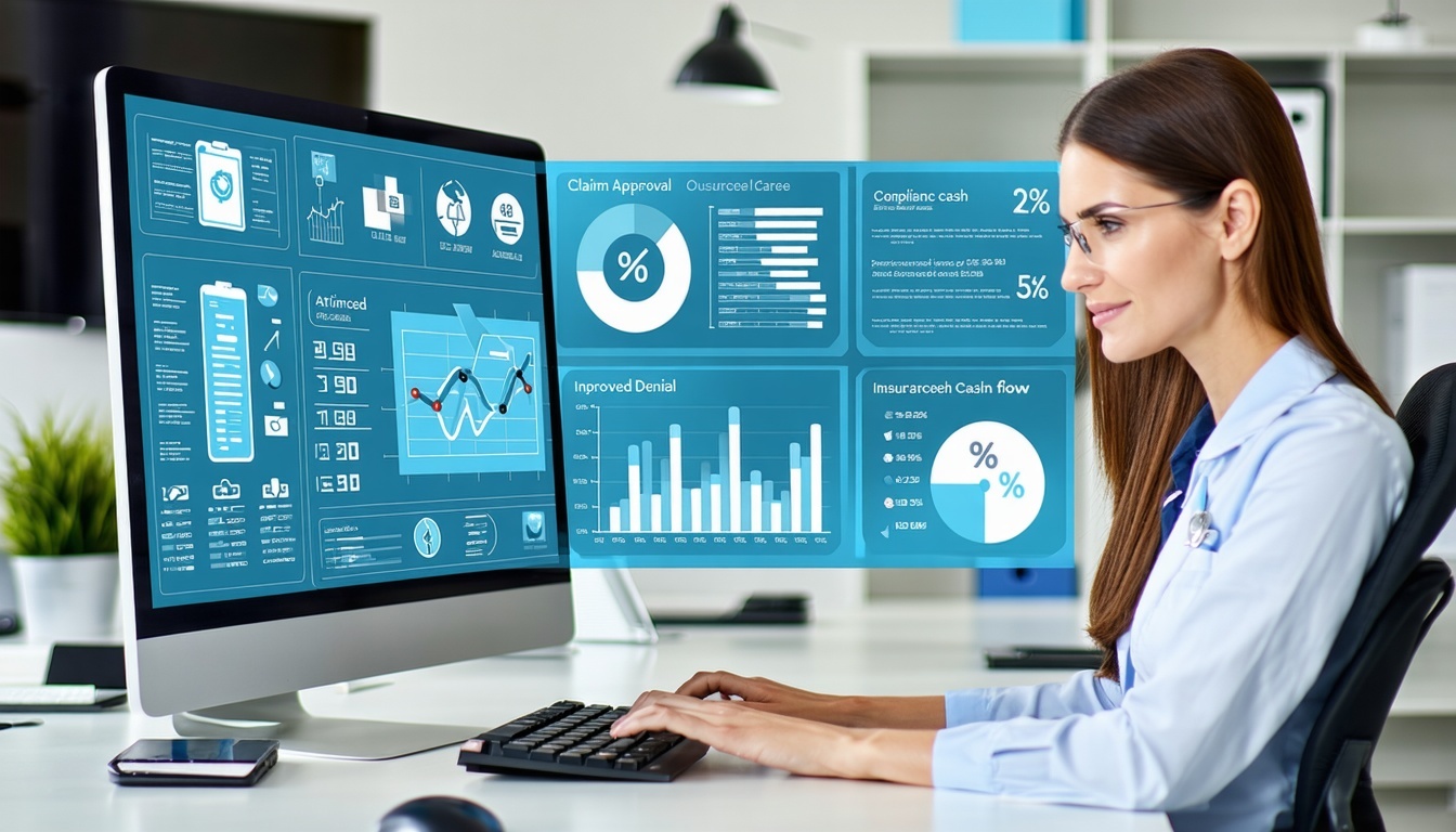 An urgent care billing office with a dedicated billing specialist working on a computer displaying insurance claims coding tools and realtime financial dashboards Visual elements include icons for claim approval denial management and compliance check-1