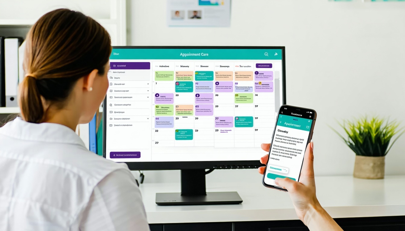 An urgent care clinic scene featuring both front desk staff using an integrated scheduling system on a desktop and a patient receiving an appointment reminder on their smartphone The desktop screen shows a colorcoded calendar with automated reminders