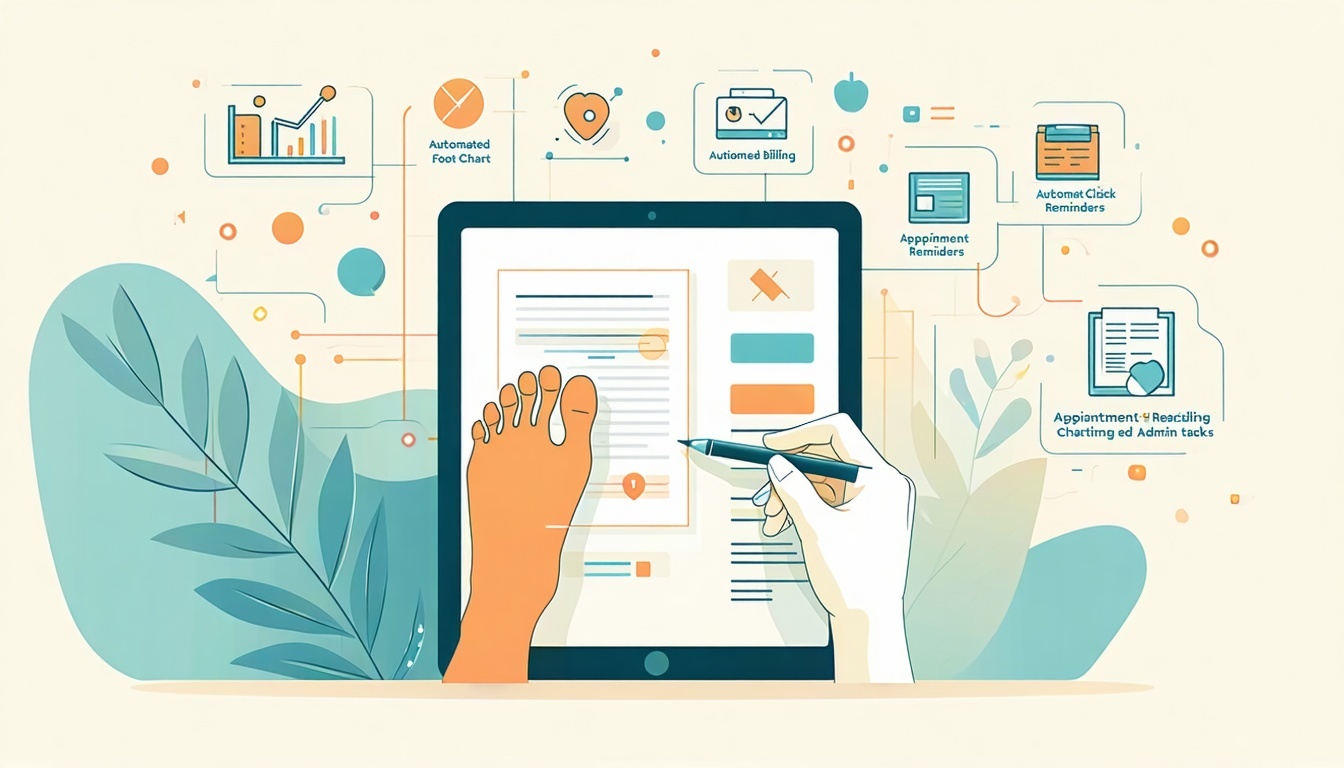 Create a clean flatstyle illustration of a podiatrist using a tablet that displays a prefilled foot chart template Above the tablet include floating icons representing automated billing appointment reminders and streamlined charting The background sh-1