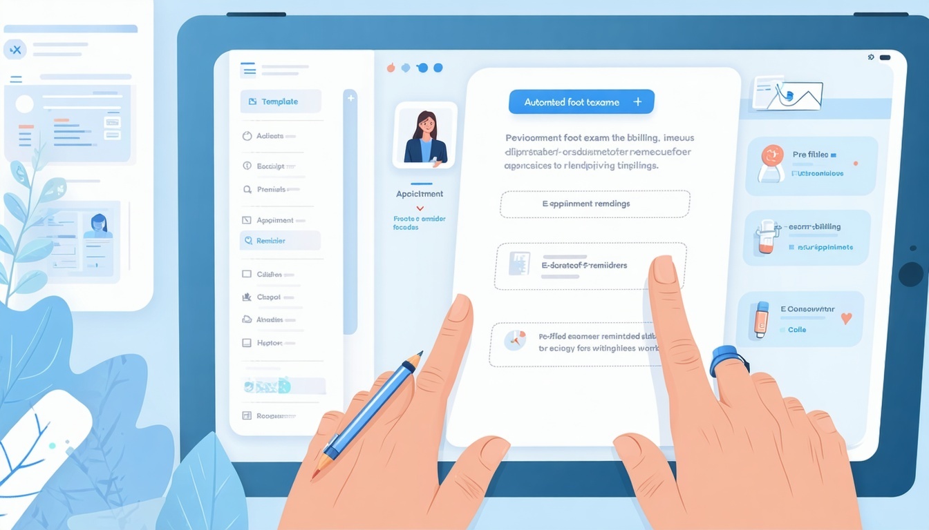 Create a clean modern illustration showing a podiatrist using a tablet or computer with minimal clicks The interface displays a prefilled foot exam template In the background icons or symbols represent automated billing appointment reminders and epre