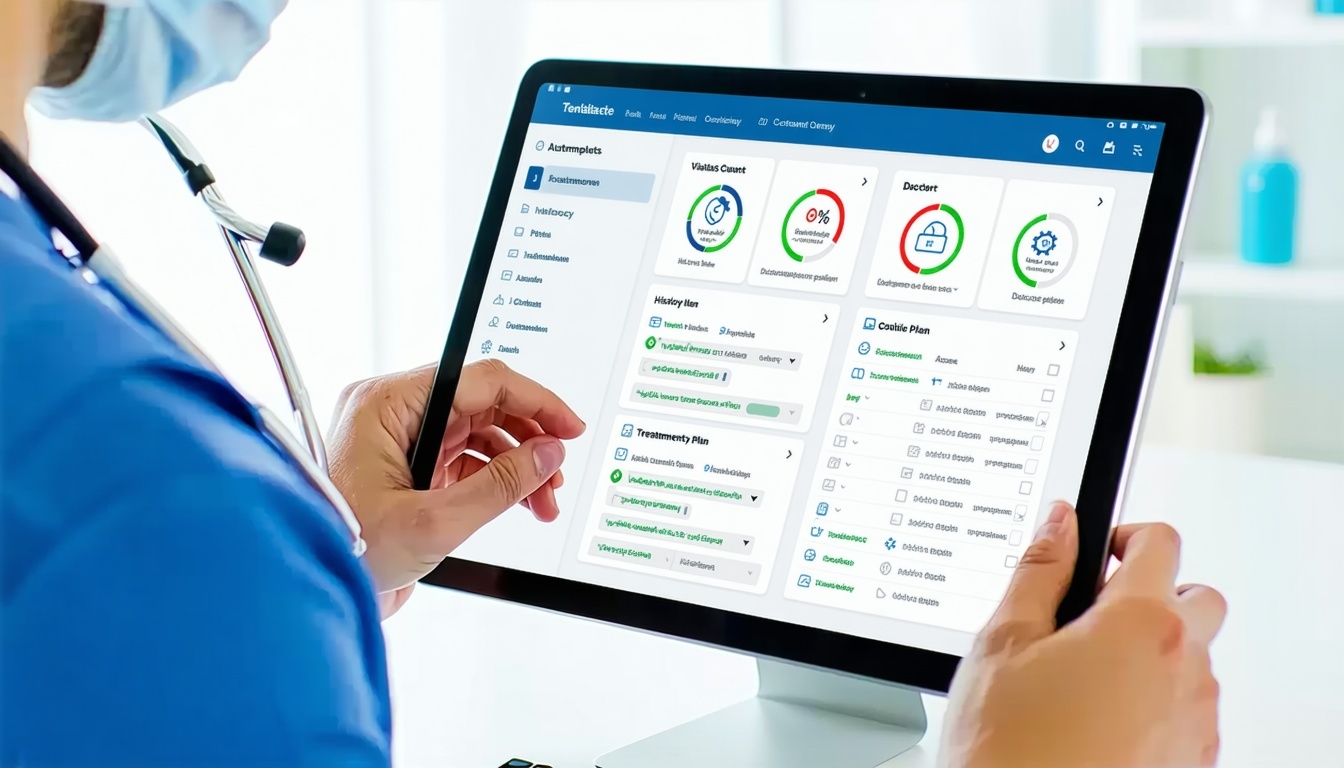 Create a clean professional healthcarethemed illustration showing a doctor using a tablet or computer with customizable templates on screen Depict fast intuitive data entry vitals history and treatment plans appearing neatly Highlight automation with-2