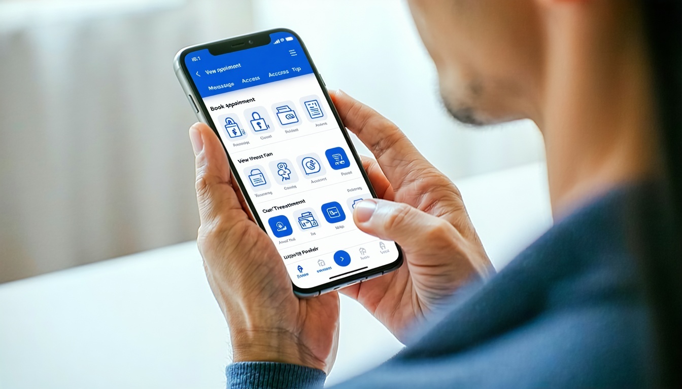 Create a closeup smartphonefocused illustration showing a patient interacting with a mobilefriendly orthopedic patient portal Feature an easytouse interface with options like Book Appointment View Treatment Plan Access Foot Care Tips and Message Prov-1