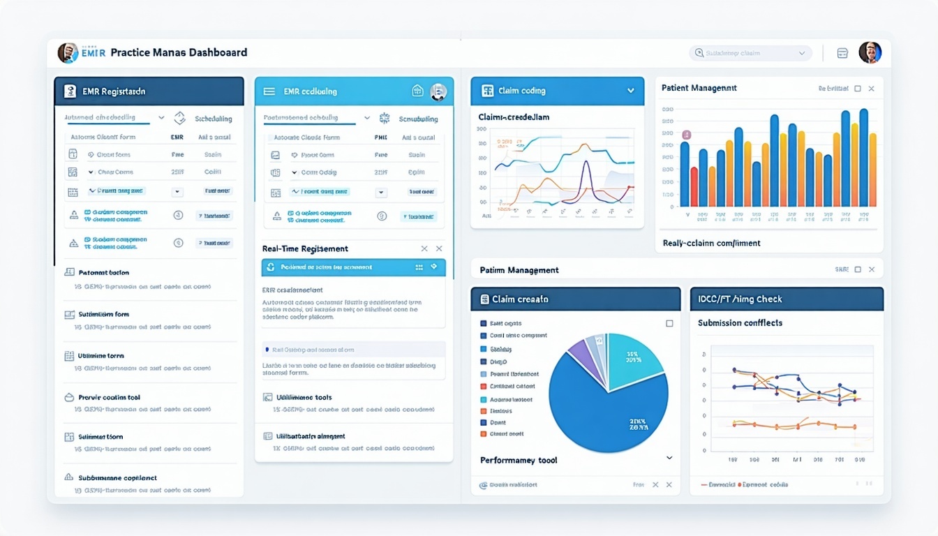 Create a dynamic clean illustration of an orthopedic practice management dashboard integrated with EMR Show visual elements like automated scheduling calendars patient registration forms and realtime eligibility check confirmations Include a claims m-3