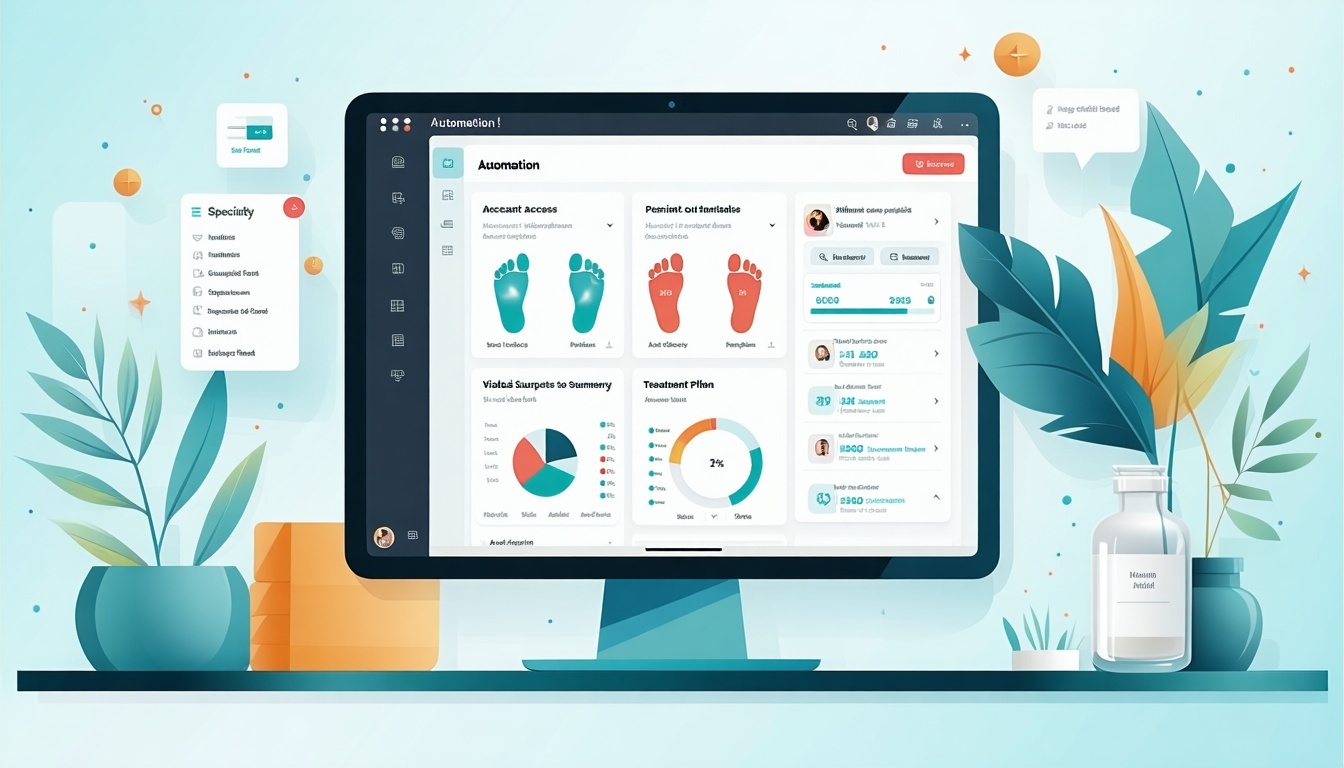 Create a flatstyle digital illustration depicting a podiatrist using an intuitive EMR interface on a tablet or computer screen The screen should show specialtyspecific foot templates smart forms and sections for vitals history and treatment plans Vis