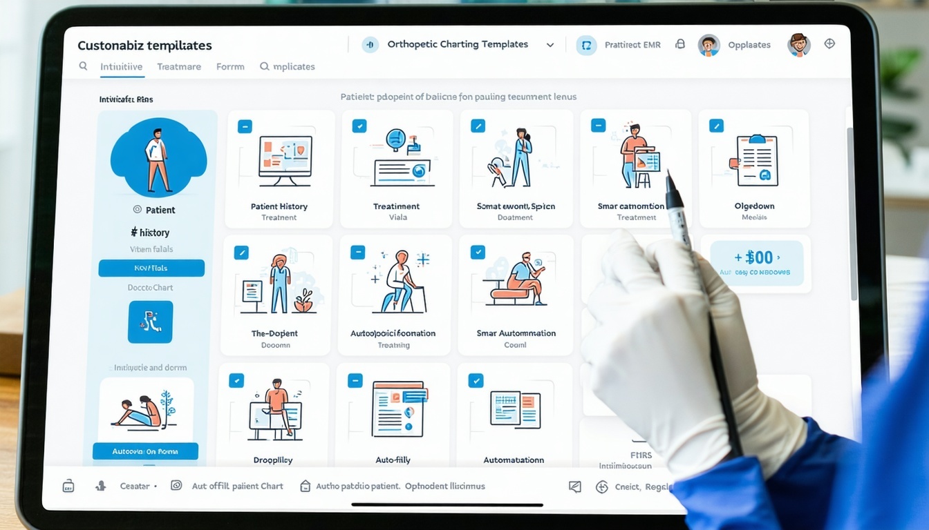 Create a modern clean illustration of an orthopedic clinic setting with a digital tablet or computer screen displaying an orthopedic EMR interface Show customizable charting templates with icons for vitals patient history and treatment plans Highligh