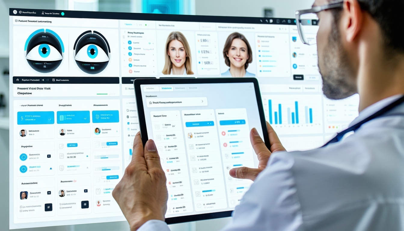 Create a modern clean medical software user interface being used by an ophthalmologist in a clinic Show multiple screens or overlays representing customizable workflows and templatessome with dropdowns or checkboxes for configuration Include elements