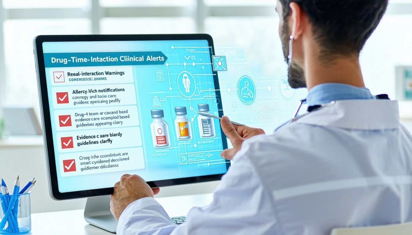 Create a modern healthcare illustration showing a doctor reviewing realtime clinical alerts on a tablet or computer Highlight drug interaction warnings allergy notifications and evidencebased care guidelines appearing clearly Show a connected care te-1