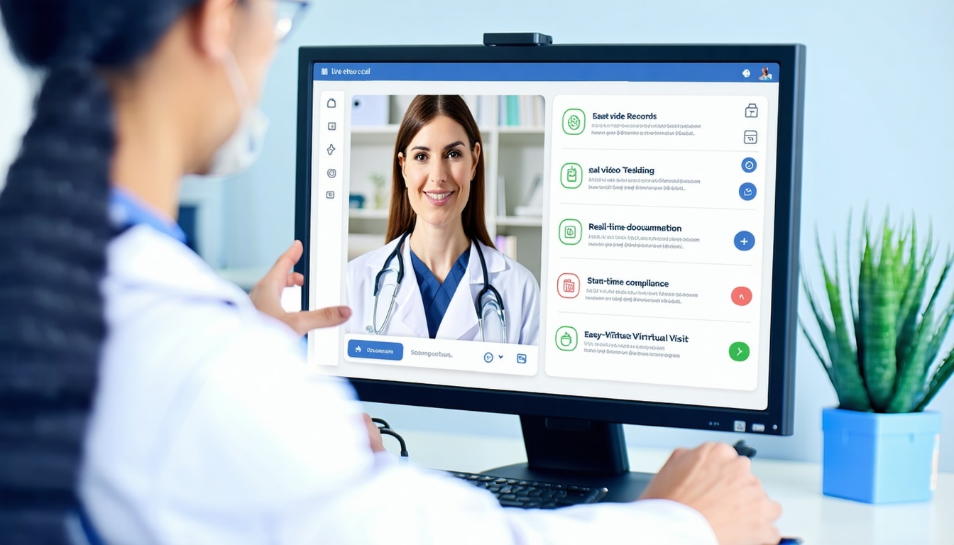 Create a modern professional illustration showing a doctor conducting a secure telehealth video consultation through an orthopedic EMR platform Display the providers screen with a live video call alongside access to patient records and notetaking too-1