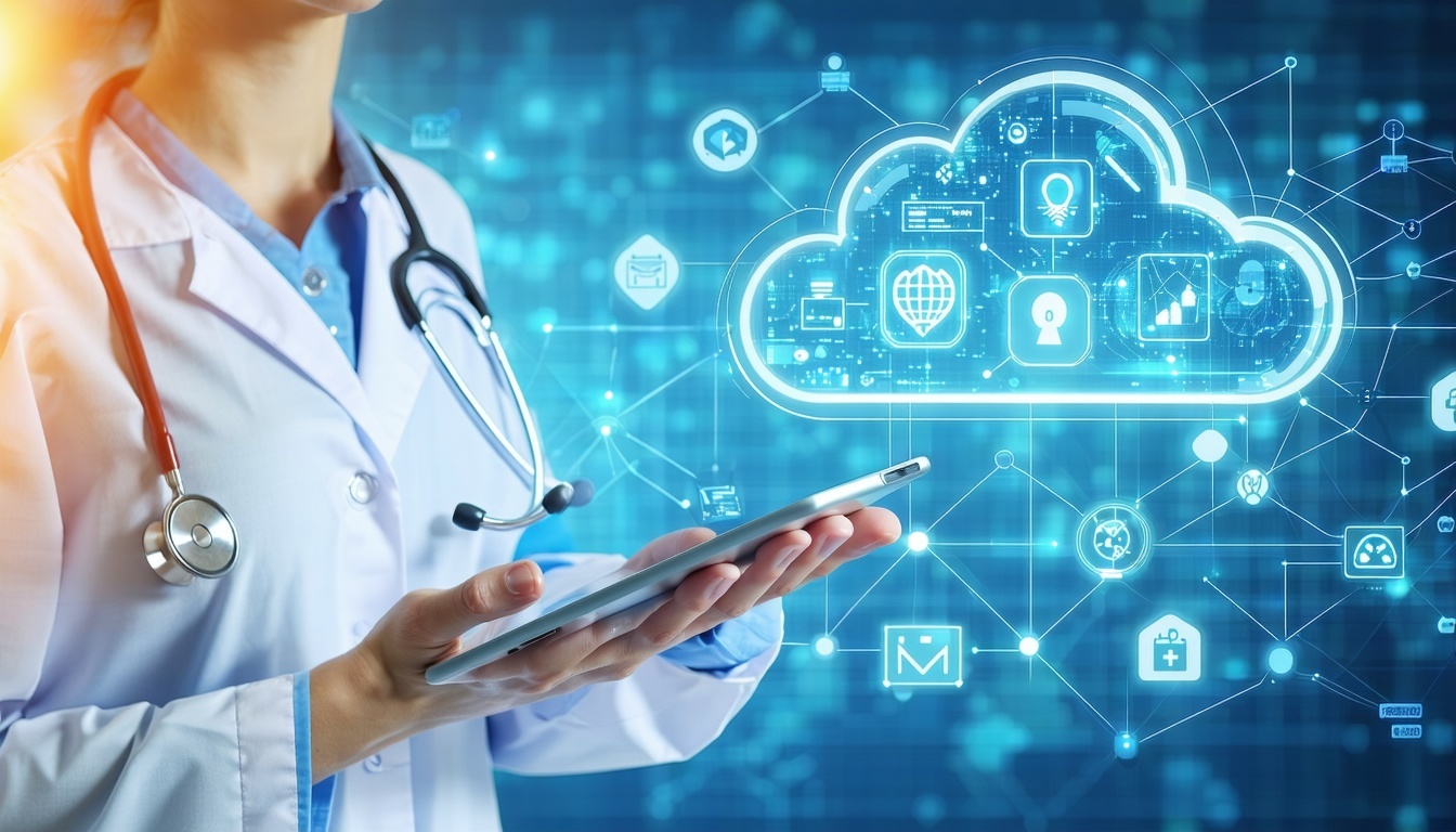 Create a professional healthcare illustration showing seamless data sharing between doctors specialists and hospitals through a secure cloud network Highlight the flow of patient records lab results and imaging reports in realtime across connected de