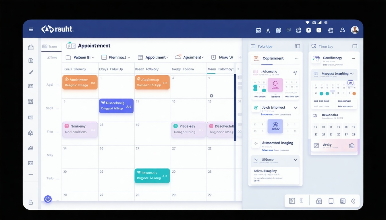 Create a tabletbased interface showing an ophthalmology clinics integrated scheduling software The screen should display a detailed colorcoded calendar with appointment slots labeled for eye exams cataract consultations followups and diagnostic imagi-1