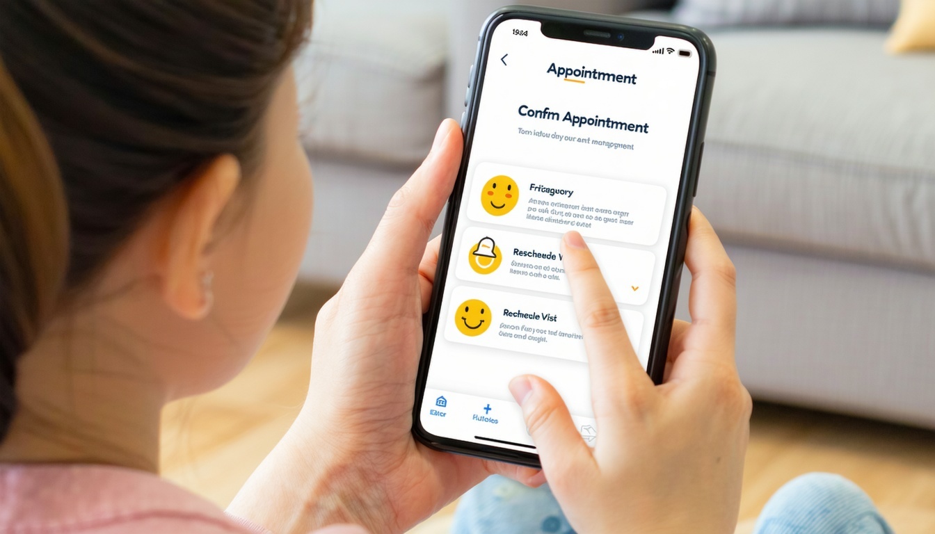 Create a warm relatable illustration showing a parent holding a smartphone and tapping a friendly appointment reminder for their childs orthopedic visit Show the screen displaying clear options like Confirm Appointment or Reschedule Visit along with