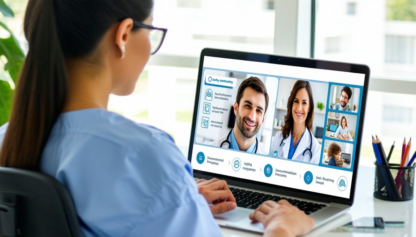 Depict a healthcare provider in a private office conducting a telehealth session on a laptop with a patient appearing via secure video call from home The providers screen shows integrated access to patient records and realtime documentation features