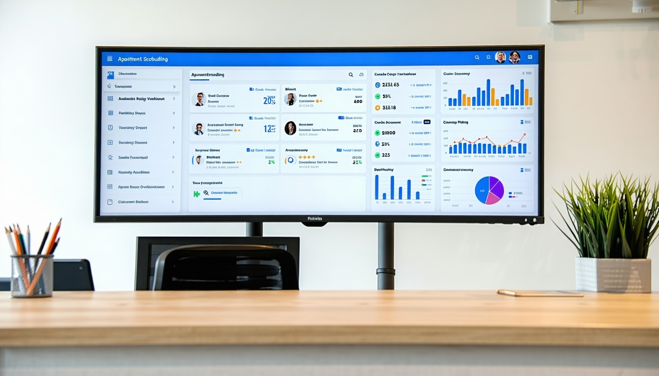 Depict a small medical practices front desk and provider workspace with a shared integrated software interface displaying appointment scheduling patient registration eligibility verification and billing modules on a single screen Visual indicators sh-1