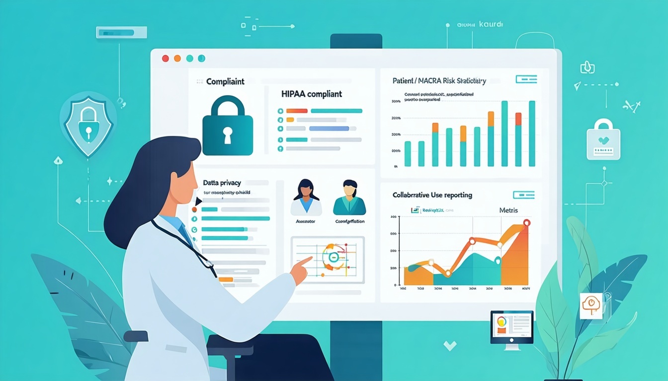 Design a flatstyle digital illustration representing a compliant secure podiatry EMR system Show a provider reviewing a patients comprehensive health record on a screen labeled HIPAACompliant with secure lock icons Include visual elements symbolizing