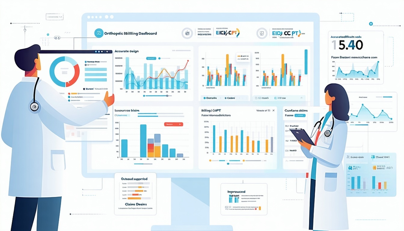 Design a professional healthcare billing illustration showing an orthopedic EMR dashboard integrated with billing services Display accurate coding tools ICDCPT codes and claims submission features Visualize a team of billing experts handling claims d