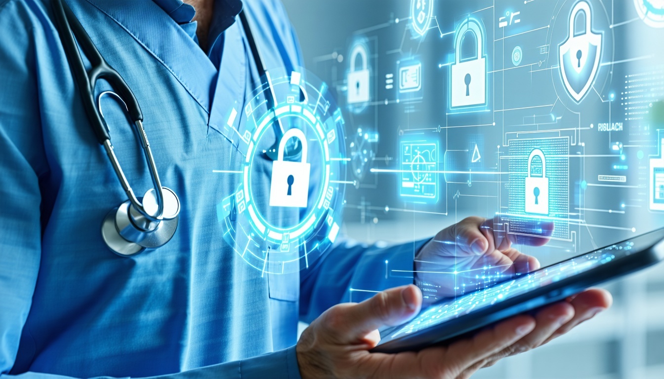 Design a professional technologyfocused illustration of a healthcare provider using a secure orthopedic EMR system Show lock icons shield symbols or security badges subtly integrated into the EMR interface to represent HIPAA compliance and data prote