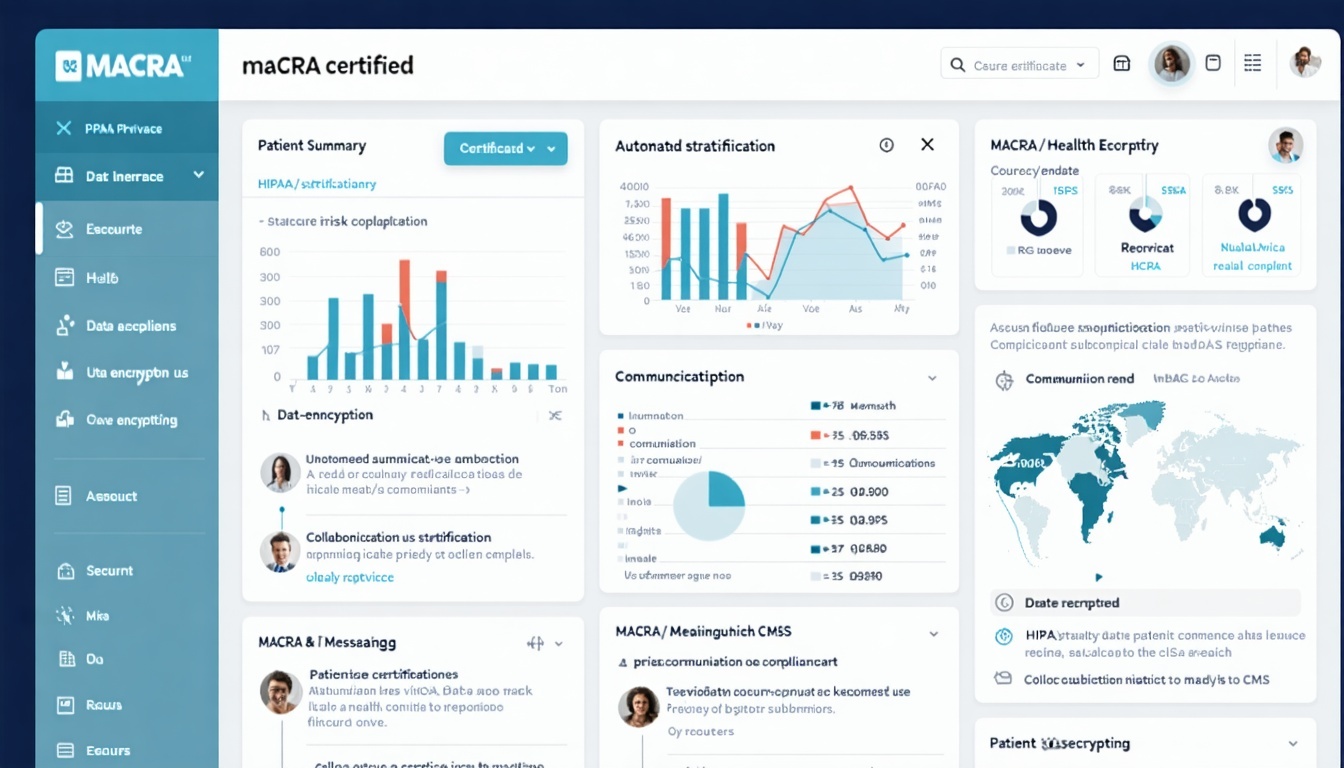 Design a sleek professional healthcare software dashboard labeled MACRA Certified with visible compliance badges or certification icons Show a secure digital interface with HIPAAcompliant elements like data encryption or privacy shields Include visua