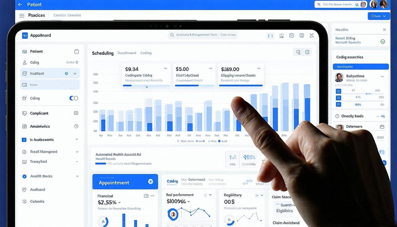 Design a sleek tabletbased healthcare software interface showcasing a fully integrated practice management system The screen should display a central dashboard connecting patient scheduling medical billing coding and electronic health records Include-1